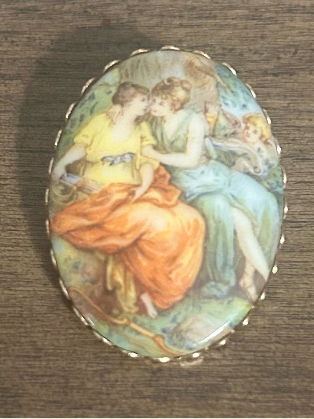 Vintage Hand-Painted Porcelain Cameo Brooch in Orange, Yellow & Pale Blue